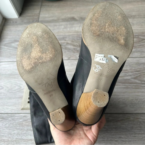 Zara Black Slouchy Leather Heeled Tall Boots Made In Spain - Picture 8 of 15